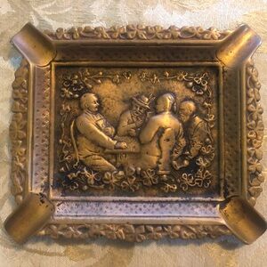 Antique brass ashtray Italian circa 1920 old men play cards & smoke at table